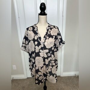 Chiffon Blouse Casual Short Sleeve V Neck Printed Cuffed Sleeve